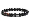 Pulsera de Onyx Negro Mate con Colgante de Cruz Ojo de Tigre Rojo y Separadores de Plata Joyería Religiosa de Moda Tamaño Ajustable Elegante para Hombres y Mujeres Accesorio de Regalo Perfecto Casual y Espiritual