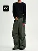 Pantalones de Trabajo Paracaidista de Secado Rápido Estilo Retro Americano Fengmei Unisex Sueltos Plisados con Cordón Caída Casual Pierna Recta Largo Hasta el Suelo