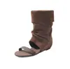2026 Sandalias Romanas de Bota Abierta de Tira Única con Tacón Oculto Fruncidas Apiladas Nuevas de Comercio Exterior para Mujer Verano