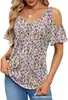 Roupas Femininas Transfronteiriças Europeias e Americanas 2025 Amazon Verão Novo Ombro a Ombro Estampado Decote V Manga Curta Solto Top Camiseta