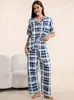 Conjunto de Dos Piezas para Mujer de Manga Corta con Solapa, Cardigan Estampado, Pijama y Ropa de Casa, Nuevo Estilo Europeo y Americano Transfronterizo para Primavera y Verano
