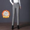 8117 Calça Xadrez Listrada Grossa Forrada com Fleece para Mulheres de Meia-Idade, Calça Lápis Slim de Cintura Elástica Pied-de-Poule para Meia-Idade e Idosos