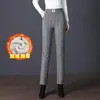 8117 Leggings a cuadros y a rayas con forro polar de invierno pantalones para mujer de mediana edad y mayores talla grande elásticos para exteriores ajustados tipo bota