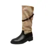 Botas Meia-Cança Patchwork Retro com Fivela Aumento de Altura 4cm~ Botas Cavaleiro Meia-Cança Empilhadas Patchwork com Fivela Femininas