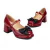 Sapatos Mary Jane de bico redondo em couro envernizado com laço elegante, camada única, salto médio grosso, sapatos femininos 32-43, sapatos de tamanho grande, sapatos de comércio exterior