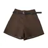 Shorts de traje casual versátiles para el día a día, con bolsillo falso, de cintura alta, adelgazantes, pantalones de pierna ancha, pantalones de corte A con cinturón, para mujer, otoño invierno