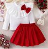 Conjunto de saia infantil mais vendido da Amazon, outono e inverno, com gola alta e babados, saia plissada vermelha