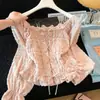 2026 Toma Real Otoño Estilo Coreano Textura Suave Top de Manga Corta para Mujer, Cuello Cuadrado con Lazo, Cintura Ceñida, Mangas Abullonadas