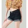 Shorts de Mezclilla Azules Oscuros Estilo Americano de Cintura Alta para Mujer, Nuevo Modelo Verano 2025, Adelgazantes y que Realzan la Altura, Diseño de Dobladillo Enrollado, Hot Pants Ajustados a la Cadera