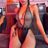 Comércio Exterior Transfronteiriço Europeu e Americano Nova Lingerie Sexy Roupa Íntima Sexy Feminina Couro Sintético Malha Gola Alta Vazado Macacão Conjunto Sexy