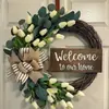 Nuevo estilo transfronterizo letrero de madera muerta corona de tulipanes colgador de puerta Bienvenido a nuestra casa letrero decorativo