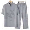Traje Tang para Hombre de Mediana Edad y Ancianos, Conjunto de Seda Helada de Manga Corta, Atuendo de Verano para Papá, Cuello Mao, Abotonado, Conjunto de Dos Piezas Hanfu para Abuelo
