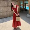 Vestido largo de encaje retro casual adelgazante de moda de verano 2026 con cinturón para vacaciones