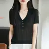 Camiseta de Manga Corta con Cuello de Solapa de Punto de Bambú Estilo Old Money Primavera/Verano Versión Coreana Color Sólido Simple Tejido Retorcido Corte Holgado