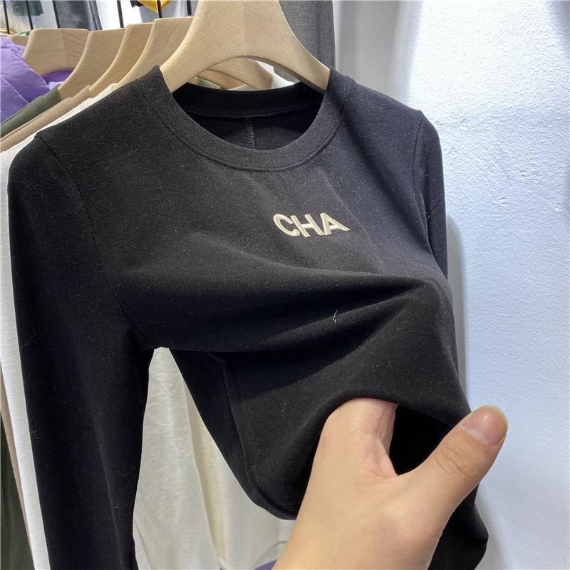 双面德绒字母刺绣长袖T恤女春季新款圆领加绒加厚内搭打底衫上衣