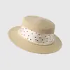 Sombrero de paja plano con perlas estilo coreano para mujer, sombrero de sol de verano con ala ancha, sombrero de playa vintage con lunares y lazo trasero
