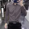 Camisa de manga larga negra de alta gama para hombre, marca francesa, corte slim fit, alta elasticidad, cuello de solapa, camisa casual, nuevo modelo de primavera