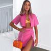 Roupa de duas peças: Top de manga curta com gola polo e botões, cor sólida, estilo europeu e americano, saia para o quadril. Novo terno casual 2023
