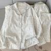 Venta al por mayor del fabricante Pijamas de talla grande para mujer Primavera y Otoño Manga larga Lindo Cuadros Azules Gato Kt Ropa de casa Conjunto de dos piezas Se puede usar en el exterior