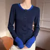 Nueva camiseta base de manga larga para mujer con bloques de color, top de punto estilo vintage transfronterizo, camiseta base azul, anticuado y elegante