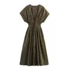 Comércio Exterior Atacado Verão Novo Estilo Europeu e Americano Decote V Plissado Midi Slim-Fit Vestido 2965260