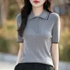 2026 Primavera Nuevo Suéter de Punto con Bloques de Color en Color Tb para Mujer, Manga Corta, Cuello Polo, Jersey Delgado de Manga Tres Cuartos