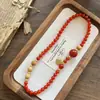 Collar Natural Nuevo Estilo Chino Estilo Nacional, Pulsera de Doble Círculo de Ágata Gris y Ágata Roja, Joyería Cultural para Niñas, Cuentas de Oración