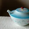 Tetera Creativa y Exquisita de Loto Azul Degradado Pintada a Mano con Asa de Jade, Diseñada para Mujeres, Tetera Individual