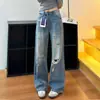 Jeans retos rasgados estilo retrô americano para mulheres, novo estilo primavera e outono, tamanhos grandes, design solto, calças de perna larga estreita
