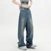Jeans azul de cintura alta reto solto para mulheres 2023 novo outono emagrecimento perna larga arrastando High Street