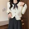 Dulce y Delicado Primavera Nuevo Elegante Top con Cuello de Lazo Estilizado Suelto Adelgazante Manga Larga Top de Punto