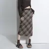 Saia xadrez de lã feminina para outono e inverno, cintura alta, justa ao corpo, com fenda e cinto