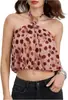 Novo Top Curto Estampado de Verão Feminino Amazon Tik Tok com Gola Halter e Costas Abertas Sem Mangas