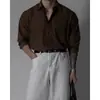 Camisa Listrada com Lapela Masculina Primavera e Outono Nova Estilo Coreano Simples High-End Estilo Levemente Maduro Camisa de Manga Longa Top Versátil