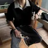 Camiseta de Lona a Cuadros Patchwork con Solapa para Hombre, Marca de Verano de Moda, Polo Holgado de Manga Corta con un Diseño Único, Top Falso de Dos Piezas de Media Manga
