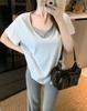 Foto Real de Ropa para Mujer Talla Grande 100 kg Algodón Copo de Nieve 165 g Camiseta de Manga Corta Verano Nueva Tendencia Color Sólido Falso Dos Piezas Top con Cuello en V