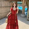 Vestido largo de encaje retro casual adelgazante de moda de verano 2026 con cinturón para vacaciones