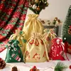 Bolsa de presente de Natal em tecido de bambu personalizada com estampagem em folha de ouro e serigrafia, bolsa com cordão para presentes de Natal e armazenamento
