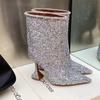 2026 Nuevas Botas Cortas de Estilo de Comercio Exterior con Punta, Tacón de Copa de Vino Ultra Alto, Brillantes, Slip-On, Cadena de Pedrería, Tallas Grandes para Mujer
