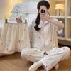 Conjunto de pijama de três peças para meninas, atacado, novo, de manga curta, algodão, estilo japonês, com estampa de laço de cor simples
