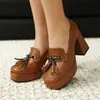 Zapatos de Mujer Estilo Nuevo 2026 con Borlas y Costuras Transfronterizas, Plataforma de Tacón Grueso, Talla Grande, Slip-On, Zapatos de Tacón Alto de Moda para Mujer