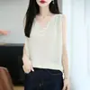 Nuevo Chal de Punto de Lino Irregular con Cuello en V y Perlas Estilo Coreano Color Sólido Simple Versátil Sin Mangas Top para Mujer