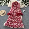 Vestido floral suave estilo francés para mujer, de manga larga, con cintura de corbata, falda de línea A, adelgazante y elegante, vestido largo, Otoño 2026