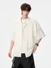 Camisa Masculina de Manga Curta com Recortes e Gola Cubana Estilo Americano, Nova Tendência de Verão Retrô Solta Casual Jaqueta de Meia-Manga