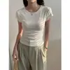 Crop Top Blanco Exquisito Ceñidor de Cintura para Mujer, Nuevo Estilo Verano 2026, Corte Ajustado, Cuello Redondo Único, Camiseta de Manga Corta con Hombros Normales