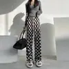 Calças tie-dye xadrez de pernas largas femininas finas soltas plissadas de pernas retas casuais em seda gelo com caimento emagrecedor calças compridas até o chão