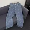 Jeans Scimitar Jacquard con Letra Vintage para Hombre, Tendencia Americana High Street, Pierna Recta Ligeramente Acampanados, Jeans Casuales