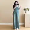 Foto Real de Ropa de Maternidad Otoño 2025 Conjunto Casual Simple de Dos Piezas Nueva Camiseta Básica de Manga Larga Peto de Mezclilla para Maternidad