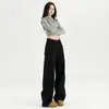 Jeans Americano Preto de Perna Larga Estreita para Mulheres Outono Novo Cintura Alta Slim Reto Solto Caimento Comprimento Total