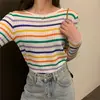 Camisa Tricô Listrada Arco-Íris Feminina para Primavera e Outono Manga Longa Colorida Gola Redonda Slim Fit Elástica Emagrecedora Pulôver Camiseta